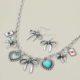 Whimsical Western Heart Bow Card Charm Station Necklace