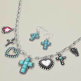 Western Cross Heart Charm Station Necklace