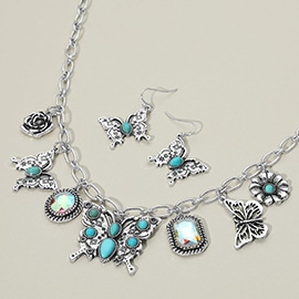 Vintage Western Butterfly Flower Charm Station Necklace