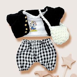 Mini Doll Checkered Pants Graphic Tee Knit Cardigan Crochet Bag Outfit Set