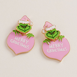 MERRY CHRISTMAS Heart Green Monster Earrings