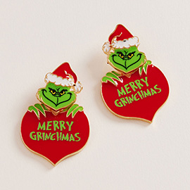 MERRY CHRISTMAS Heart Green Monster Earrings