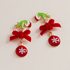 Green Monster Hand Holiday Bow Snowflake Christmas Ornament Link Drop Dangle Earrings