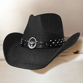 Metal Steer Head Emblem Studded Faux Leather Band Western Straw Cowboy Fedora Hat