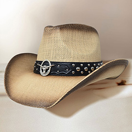 Metal Steer Head Emblem Studded Faux Leather Band Western Straw Cowboy Fedora Hat