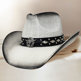 Metal Steer Head Emblem Studded Faux Leather Band Western Straw Cowboy Fedora Hat