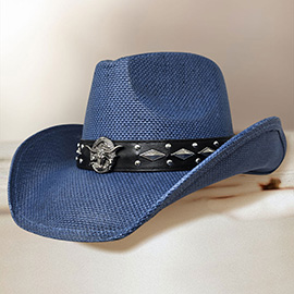 Metal Steer Head Emblem Studded Faux Leather Band Western Straw Cowboy Fedora Hat