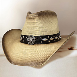 Metal Steer Head Emblem Studded Faux Leather Band Western Straw Cowboy Fedora Hat