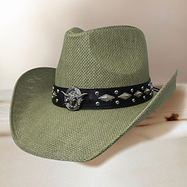 Metal Steer Head Emblem Studded Faux Leather Band Western Straw Cowboy Fedora Hat