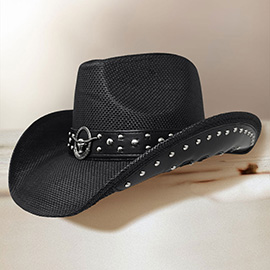 Metal Steer Head Emblem Studded Faux Leather Band Western Straw Cowboy Fedora Hat