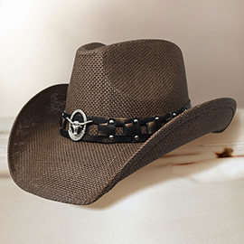 Metal Steer Head Emblem Accent Faux Leather Linked Band Western Straw Cowboy Fedora Hat