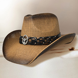 Metal Steer Head Emblem Accent Faux Leather Linked Band Western Straw Cowboy Fedora Hat