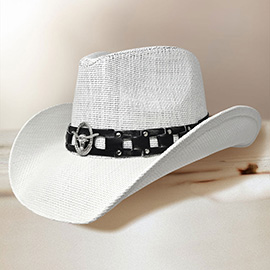 Metal Steer Head Emblem Accent Faux Leather Linked Band Western Straw Cowboy Fedora Hat