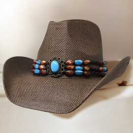 Boho Stone Beaded Band Western Straw Cowboy Fedora Hat
Style No[670576] H