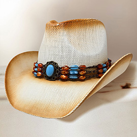 Boho Stone Beaded Band Western Straw Cowboy Fedora Hat
Style No[670576] H
