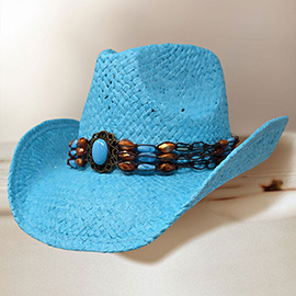 Boho Stone Beaded Band Western Straw Cowboy Fedora Hat
Style No[670576] H
