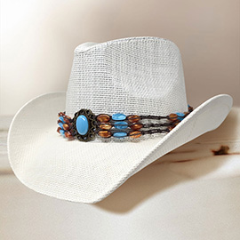 Boho Stone Beaded Band Western Straw Cowboy Fedora Hat
Style No[670576] H