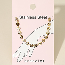 Stainless Steel Radiant Textured Flat Disc Link Chain Bracelet