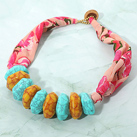 Chunky Stone Beaded Twisted Knot Floral Fabric Statement Necklace