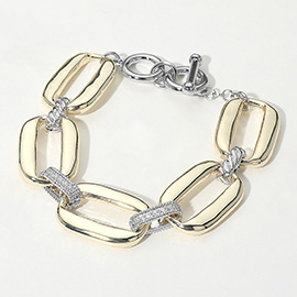 14K Gold Plated Two Tone CZ Stone Paved Link Bold Rectangular Chain Bracelet
