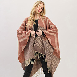 Aztec Pattern Fringe Ruana Poncho