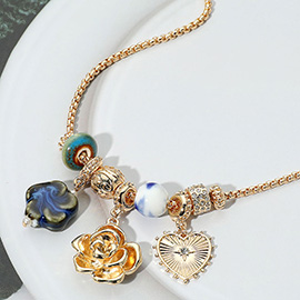 Flower Heart Ceramic Ball Charm Beaded Necklace