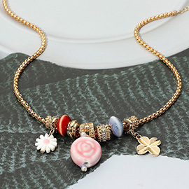 Ceramic Flower Metal Clover Charm Beaded Necklace