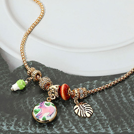 Ceramic Ice Cream Animal Printed Disc Metal Tropical Leaf Charm Beaded Necklace