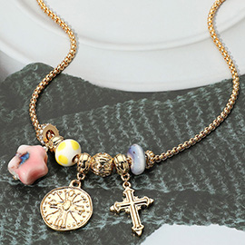 Cross Medal Ceramic Star Charm Beaded Necklace