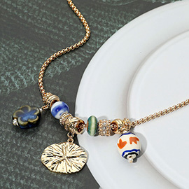 Metal Medallion Ceramic Flower Charm Beaded Necklace