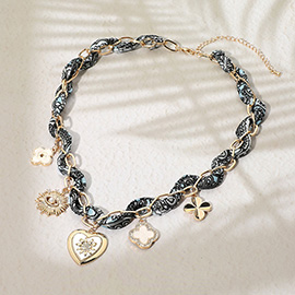 Heart Quatrefoil Evil Eye Burst Charm Fabric Chain Necklace