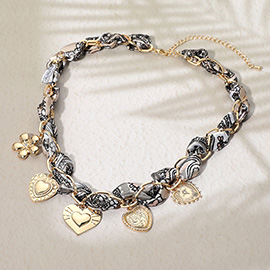 Heart Flower Charm Fabric Chain Necklace
