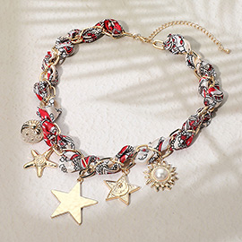 Star Pearl Sun Charm Fabric Chain Necklace