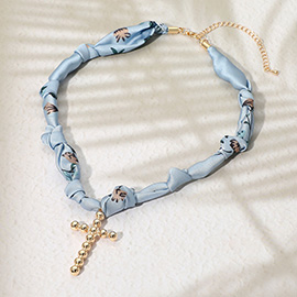 Metal Beaded Cross Charm Fabric Necklace