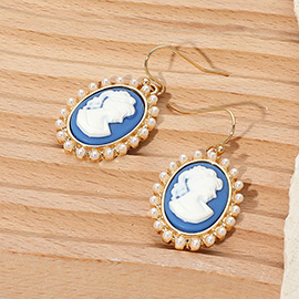 Pearl Rim Vintage Cameo Drop Dangle Earrings