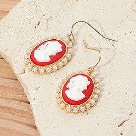 Pearl Rim Vintage Cameo Drop Dangle Earrings