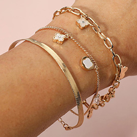 3PCS - Quatrefoil Charm Station Snake Chain Layered Bracelets
