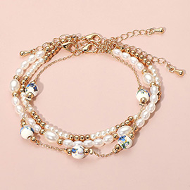 3PCS - Floral Ceramic Ball Pearl Beaded Multi Layered Bracelets