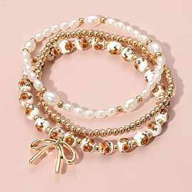 3PCS - Metal Bow Charm Pointed Ceramic Ball Pearl Beaded Stretch Multi Layered Bracelets