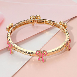 Enamel Bow Accent Hammered Metal Bar Beaded Stretch Bracelet