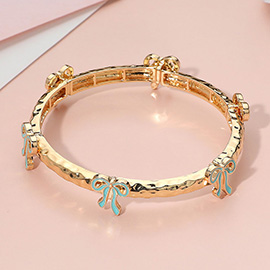 Enamel Bow Accent Hammered Metal Bar Beaded Stretch Bracelet