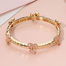 Enamel Bow Accent Hammered Metal Bar Beaded Stretch Bracelet
