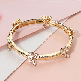 Enamel Bow Accent Hammered Metal Bar Beaded Stretch Bracelet