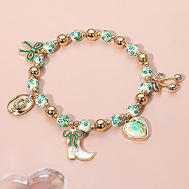 Enamel Bow Western Cowboy Boot Hat Heart Charm Ceramic Ball Beaded Stretch Bracelet