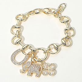 14K Gold Plated CZ Stone Paved Elephant Horseshoe Clover Charm Horsebit Chain Bracelet