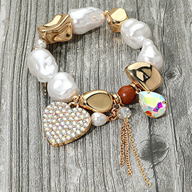 Pearl Heart Charm Accent Pebble Beaded Stretch Bracelet