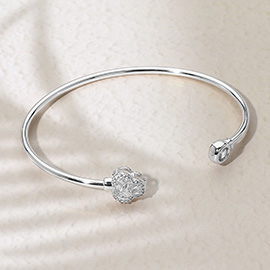 Rhodium Plated CZ Stone Clover Tip Cuff Bracelet