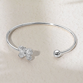 Rhodium Plated CZ Stone Butterfly Tip Cuff Bracelet
