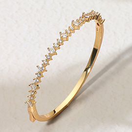 Gold Plated Square Round Shaped CZ Stone Lined Statement Hinged Bangle Bracelet