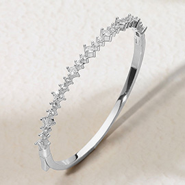Rhodium Plated Square Round Shaped CZ Stone Lined Statement Hinged Bangle Bracelet